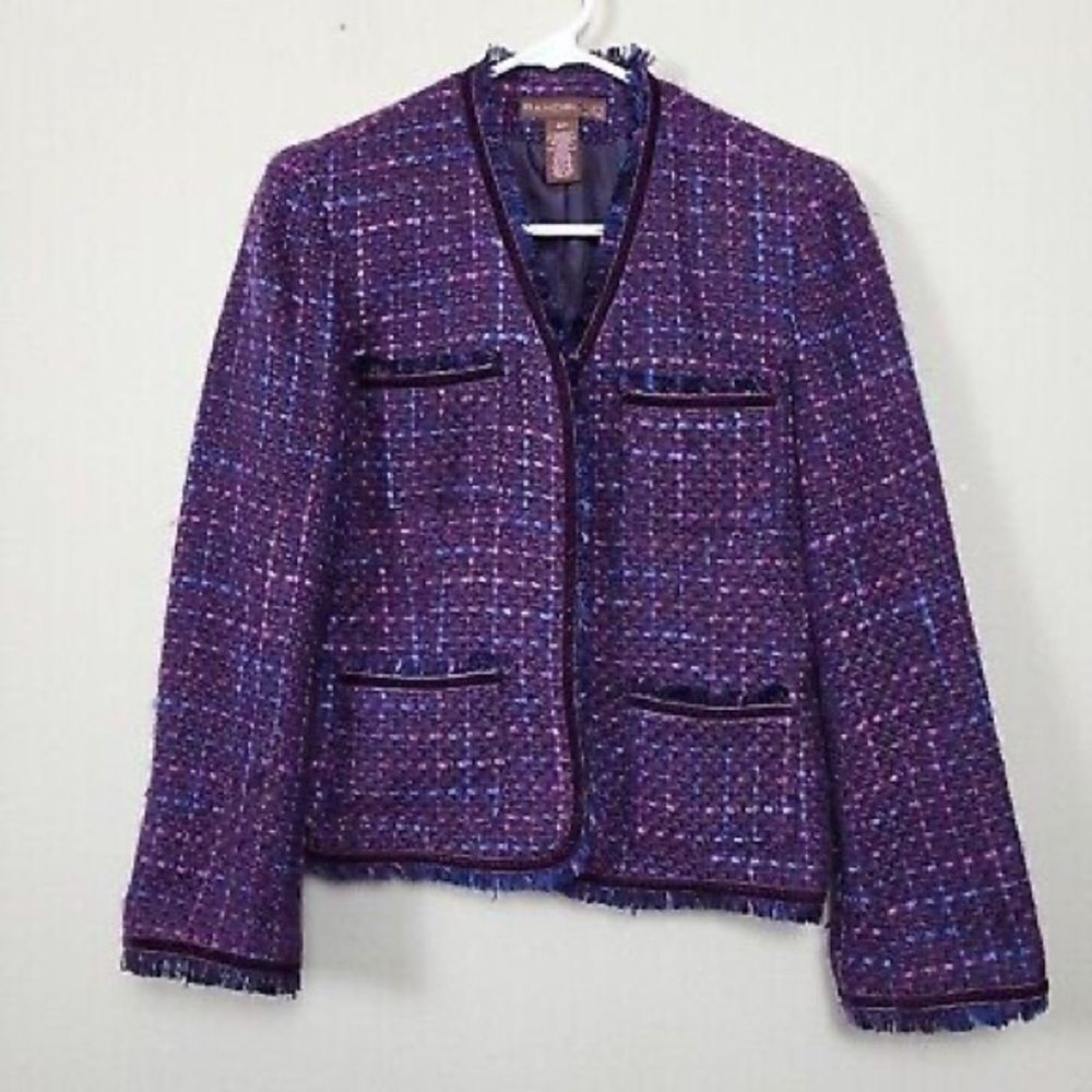 Chic Open Front Purple Long Sleeve Pockets Fringed Blazer